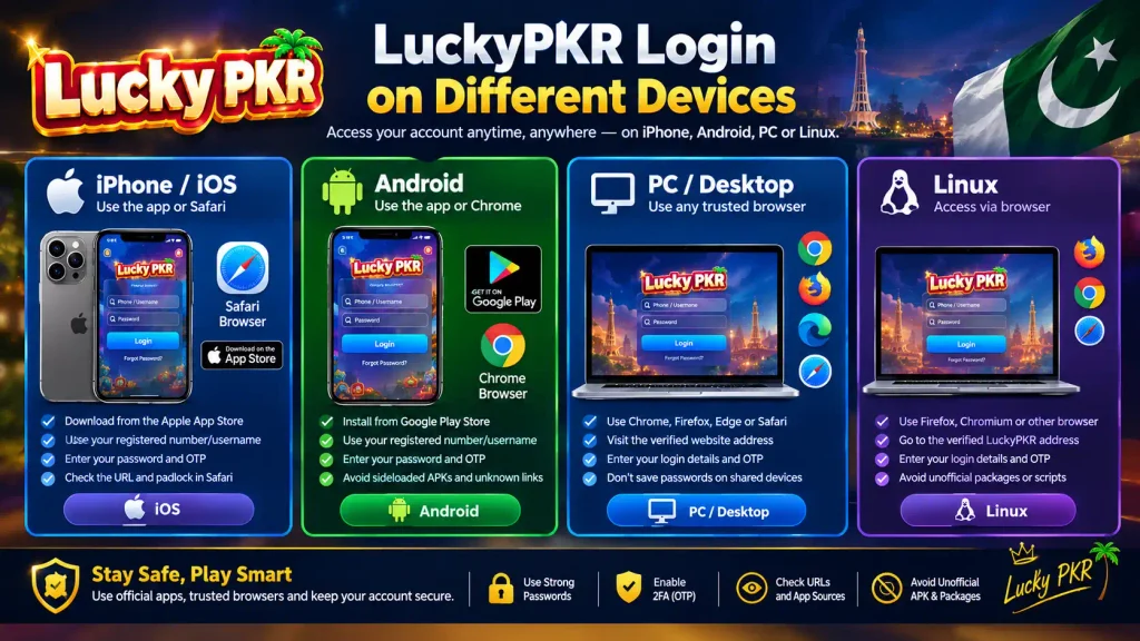 LuckyPKR login guide showing account access on iPhone, Android, PC, and Linux devices
