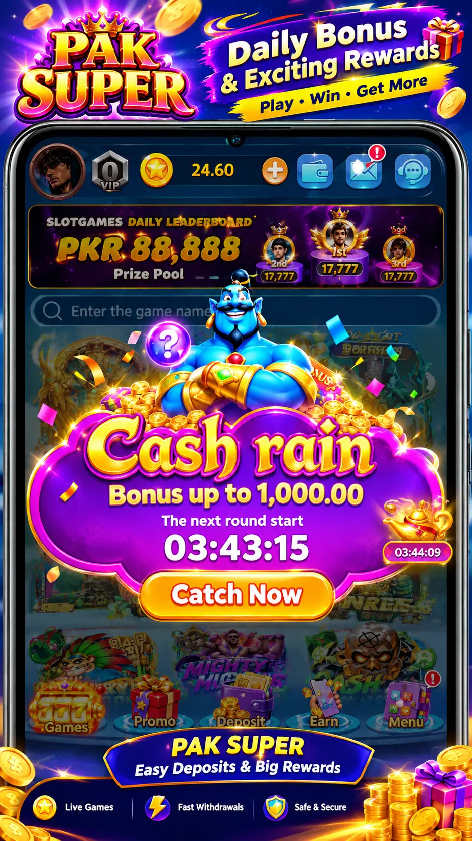 PAKSUPER Game home screen featuring the daily cash rain bonus event with a jackpot prize pool up to 1,000.00 and slot games.