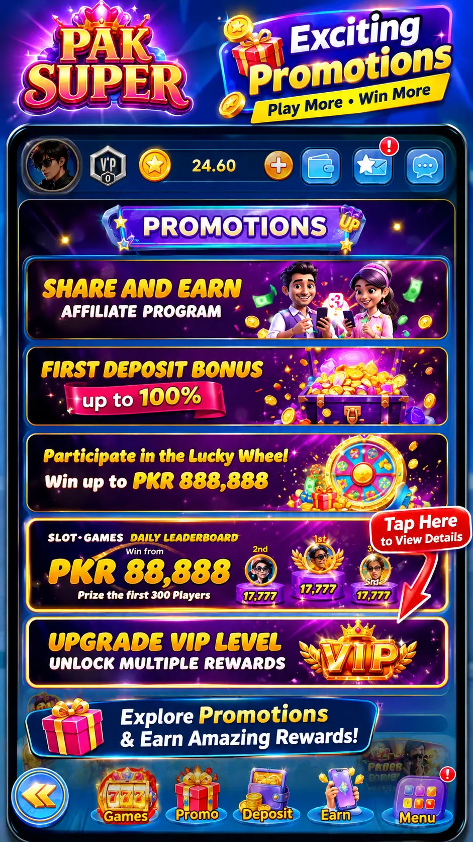 PAKSUPER promotions page displaying the affiliate program, first deposit bonus up to 100%, lucky wheel spin, and VIP level upgrades.
