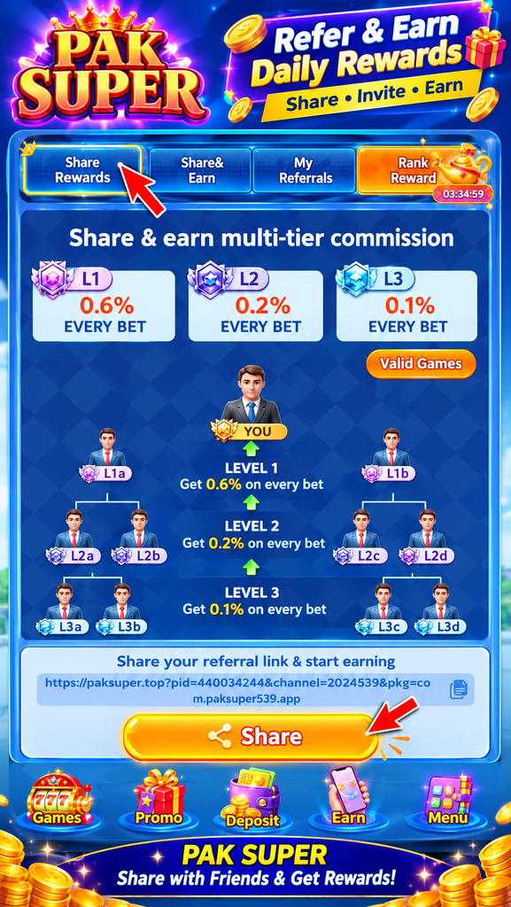 PAKSUPER Game refer and earn screen showing multi-tier affiliate commission levels L1, L2, and L3 for sharing referral links.
