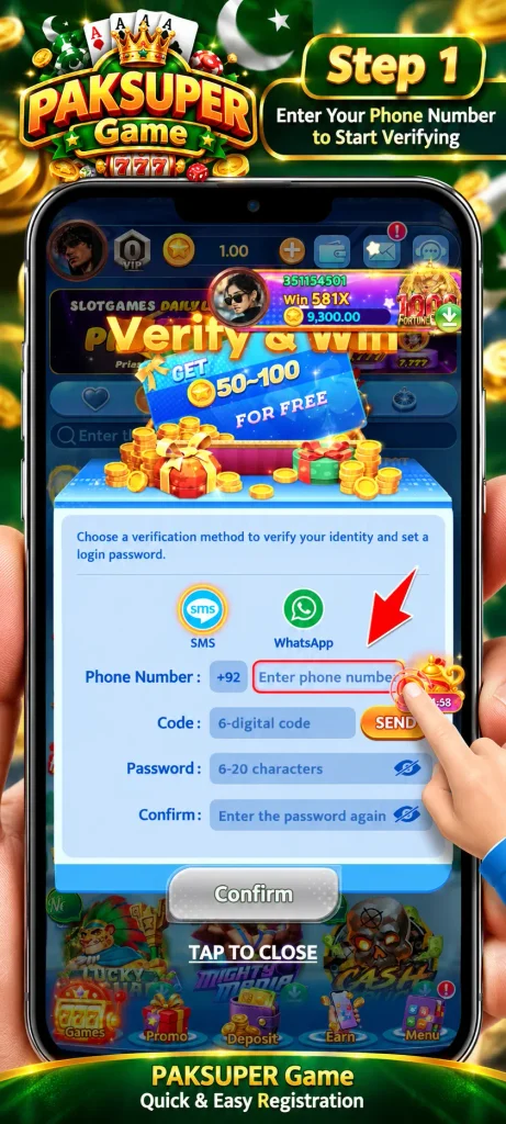 PAKSUPER Game quick registration step 1 screen prompting new users to enter their phone number for SMS or WhatsApp verification.