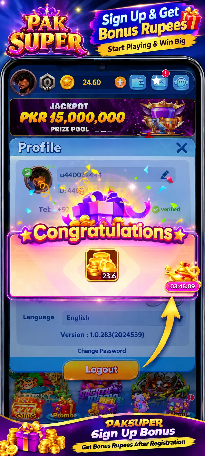 PAK SUPER Game registration bonus popup showing a congratulations message, verified profile, and free coins for new users signing up.