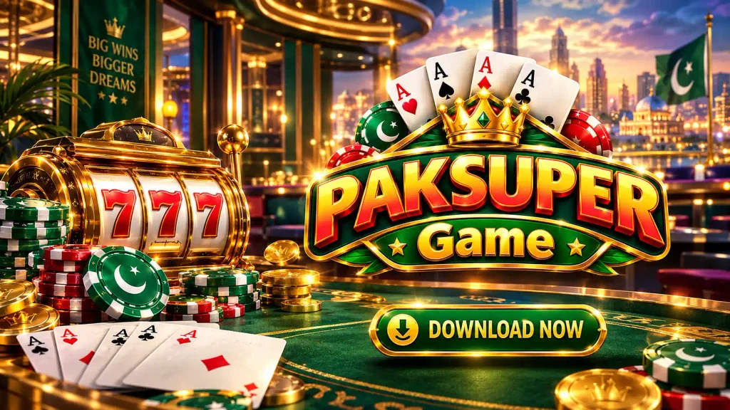 PAKSUPER Game casino banner featuring a gold 777 slot machine, royal playing cards, green and gold casino chips, and a DOWNLOAD NOW button.