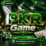 PKR Game 3D logo with Pakistani flag, green and gold casino design, playing cards, poker chips, and dice.