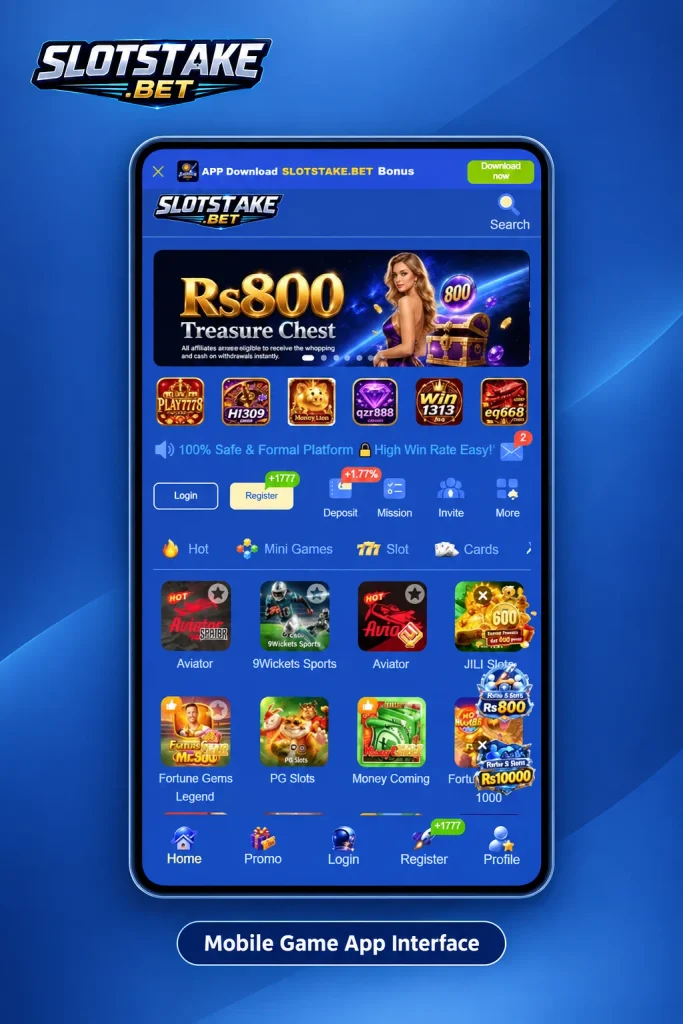 SlotsTake Bet mobile app homepage interface displaying top slot games like Aviator and Fortune Gems, alongside a Rs 800 treasure chest app download bonus.