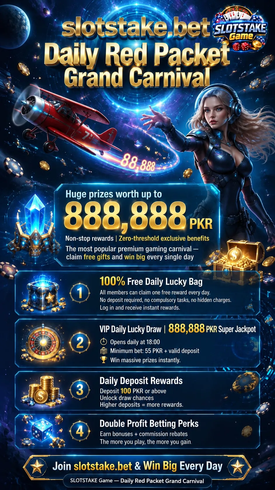 SlotsTake Bet Daily Red Packet Grand Carnival offering a massive 888,888 PKR prize pool, free daily lucky bags, and VIP lucky draws.