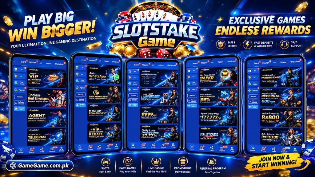 SlotsTake promotional poster for Pakistan featuring 'Khelo Aur Jeeto' with a woman holding a phone, showing secure deposits, fast payouts, and Urdu support.