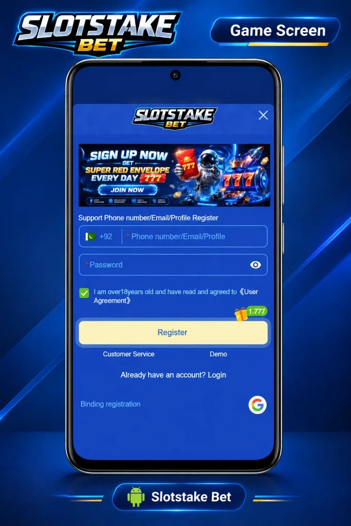 SlotsTake Game registration screen showing +92 Pakistan phone number input, password creation, and daily super red envelope 777 sign-up bonus.