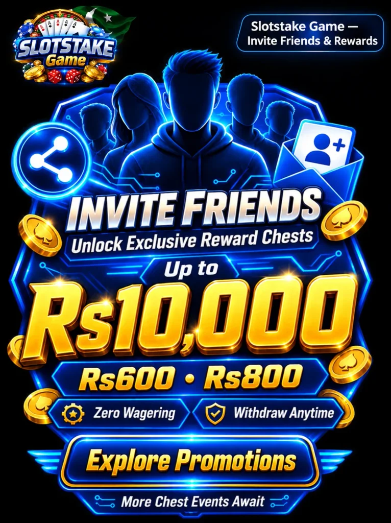 SlotsTake Game invite friends promotion to unlock exclusive reward chests and win up to Rs 10,000 with zero wagering requirements.