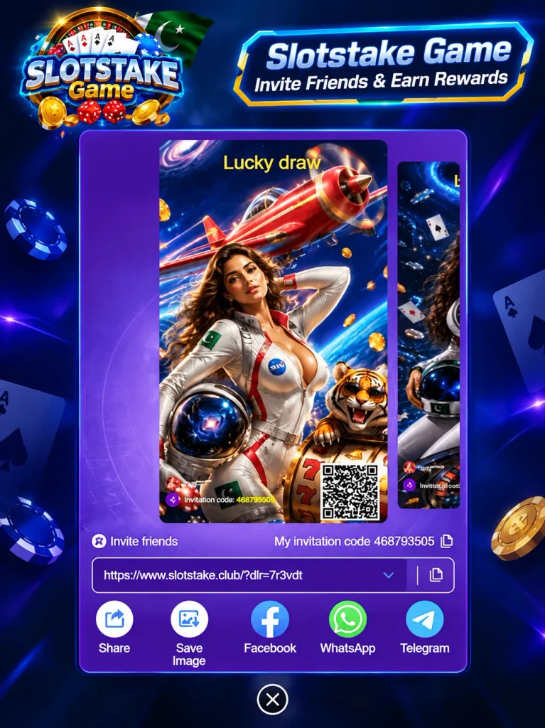 SlotsTake app lucky draw screen featuring invitation code 468793505, QR code, and sharing options for Facebook, WhatsApp, and Telegram.
