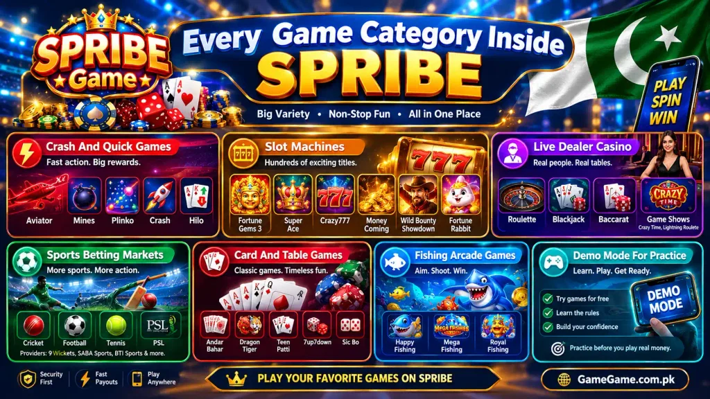 SPRIBE Game categories banner featuring Aviator, Mines, Plinko, slot machines, live dealer casino, cricket, football, card games, fishing arcade games, and demo mode.