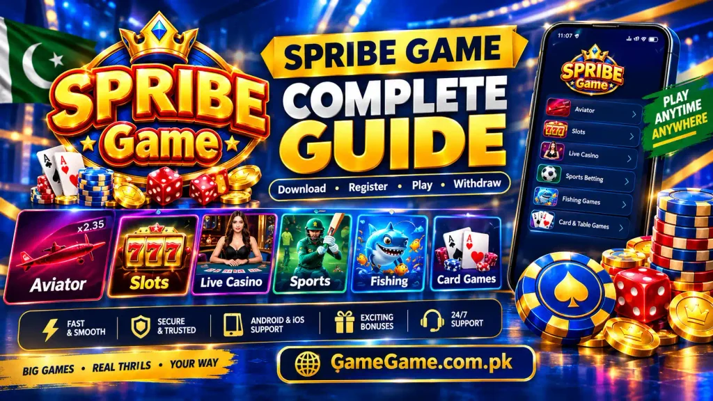 SPRIBE Game complete guide banner featuring Aviator, slot games, live casino, sports betting, fishing games, card games, mobile app interface, and GameGame.com.pk branding.