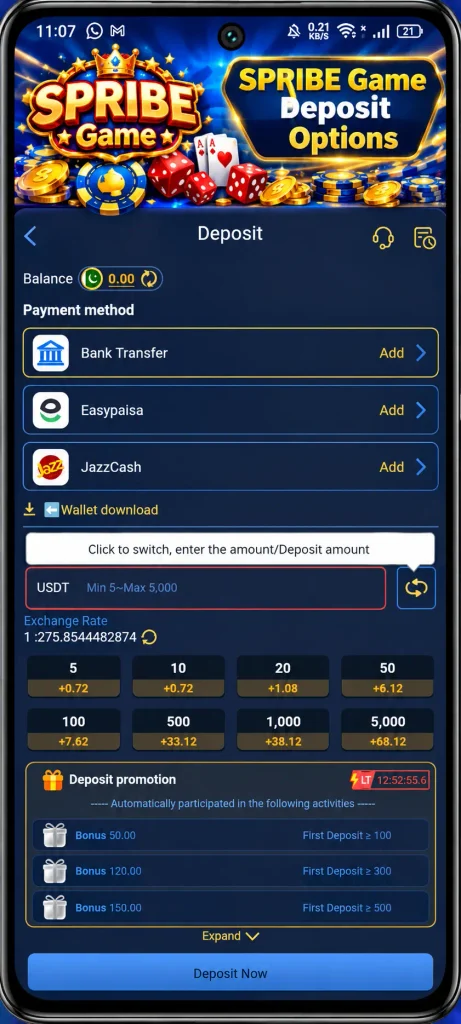 SPRIBE Game deposit options screen showing JazzCash, Easypaisa, and bank transfer payment methods, USDT deposit amounts, exchange rate, and deposit promotions in an Android phone interface.