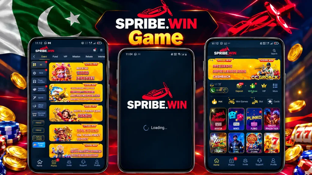 SPRIBE.WIN Game app download and installation guide featuring three Android phone screens showing promotional rewards, the SPRIBE.WIN loading screen, and the game lobby with Aviator, Mines, Plinko, and Dragon Tiger.