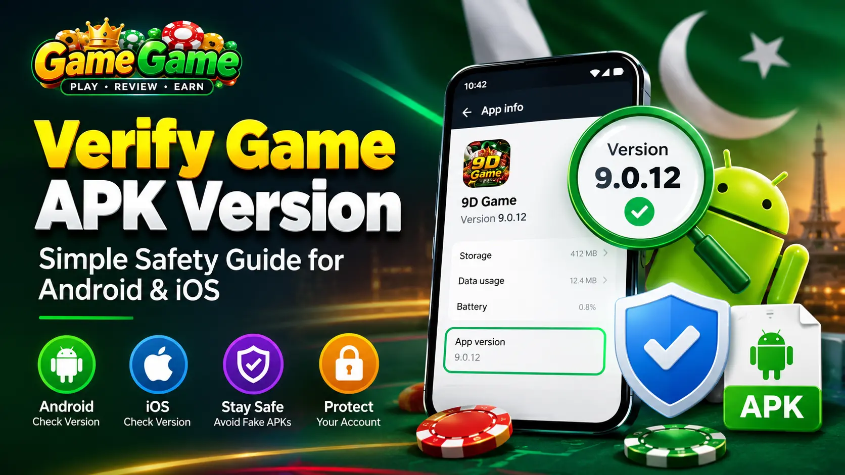 Verify game APK version safety guide for Android and iOS showing app version checks, APK security verification, and malware protection.