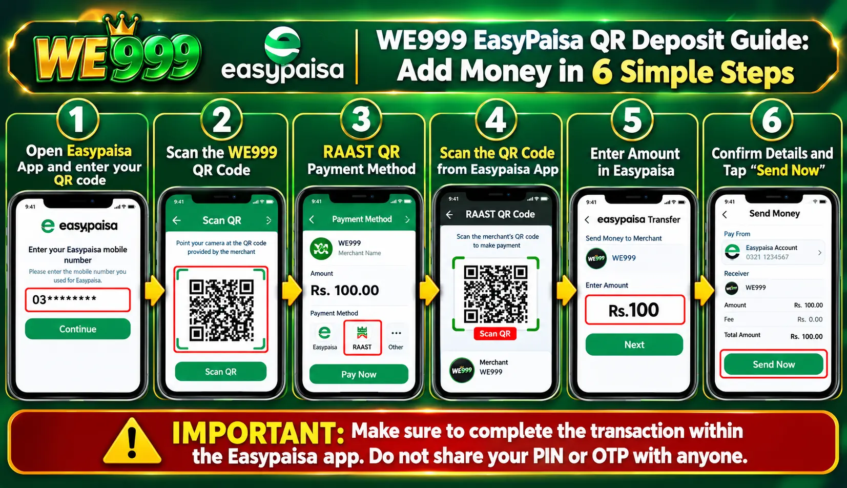 WE999 EasyPaisa QR deposit guide showing 6 steps to add money, including opening EasyPaisa, scanning the WE999 QR code, selecting Raast QR, entering the deposit amount, and confirming payment.