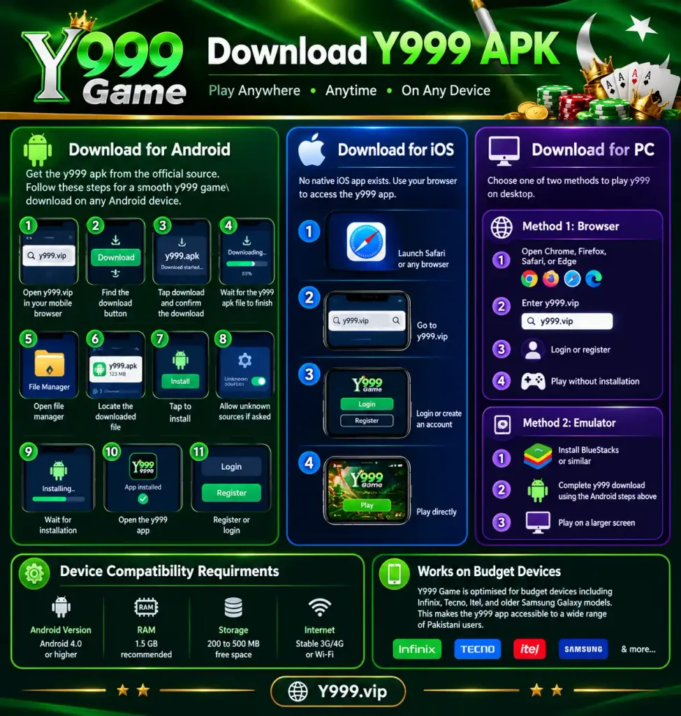 Y999 APK download guide showing Android installation steps, iOS browser access, PC download methods, and device compatibility requirements.