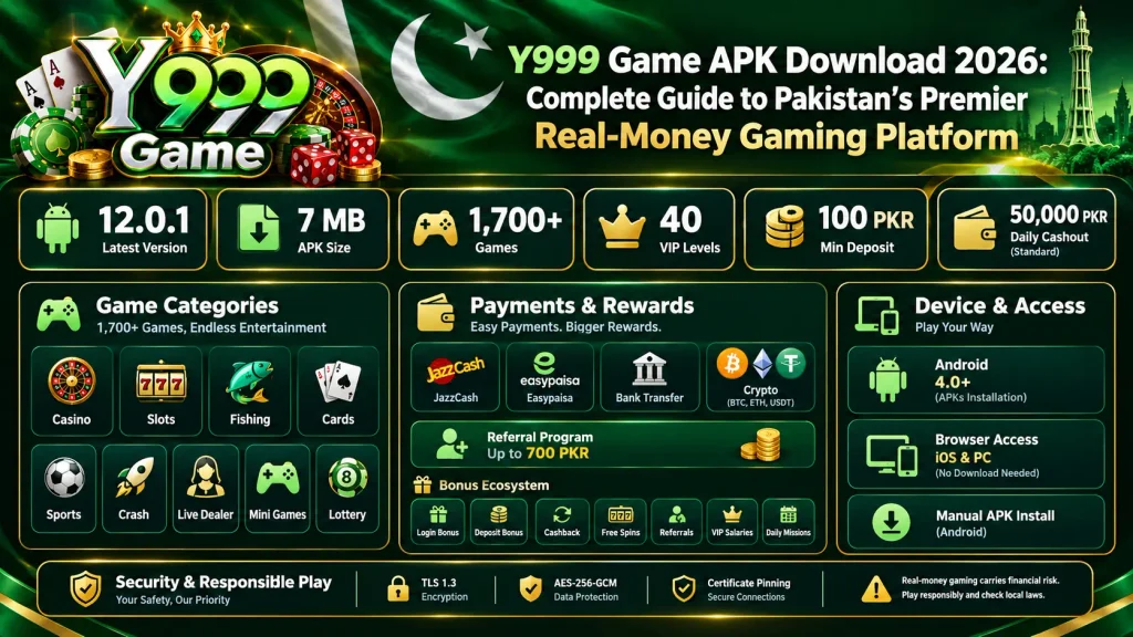 Y999 Game APK Download 2026 infographic showing Y999 version 12.0.1, 7 MB APK size, 1,700+ games, 40 VIP levels, 100 PKR minimum deposit, 50,000 PKR standard daily cashout, game categories, payment methods, bonuses, device access, security, and responsible gaming information.